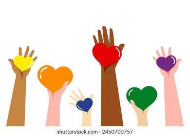 LGBT pride month, Human hands up guy together with colorful hearts on isolated background, Vector illustration.