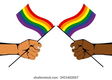 LGBT pride month, Human hands holding rainbow flag on isolated background, Vector illustration.