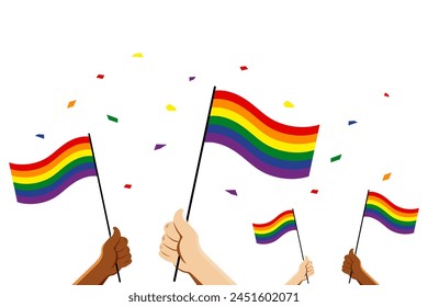 Mes del orgullo LGBT, Manos humanas sosteniendo la bandera del arco iris en un fondo aislado, Ilustración vectorial.