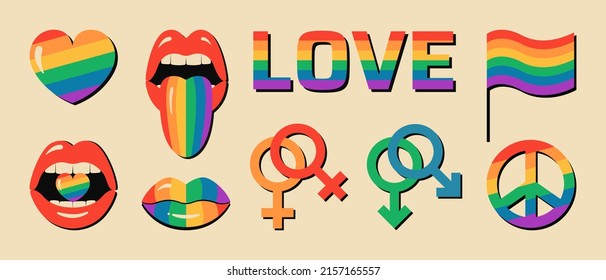 Icono del mes del orgullo LGBT con símbolos de género de relación gay y lesbiana. Ilustración vectorial.