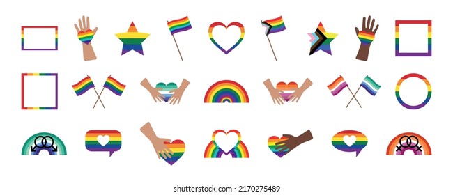 LGBT Pride Month Illustrations LGBTQ Community Concept, Stonewall Anniversary June 28. Icons Set For International LGBT Pride Day. Rainbow Flags, Decorative Elements Collection - IDAHOT Concept.