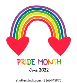LGBT Pride Month. Pride Month at June 2022. LGBTQ Symbol with LGBT pride with flag or Rainbow colors. Rainbow with hearts. Vector illustration. Gay parade groovy celebration