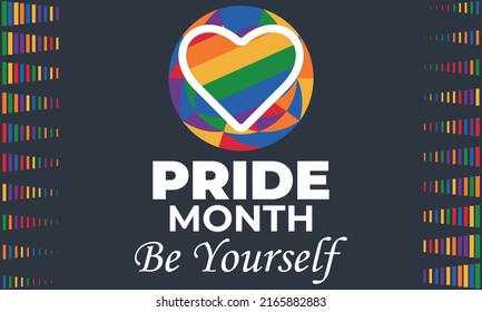 LGBT Pride Monat im Juni. LGBT-Flag im Text. Lesbischer Schwulenschwanz Poster, Karte, Banner, Hintergrund, T-Shirt-Design. Vektorgrafik. EPS10