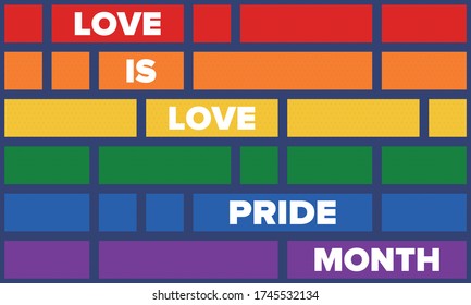Mes del Orgullo LGBT en junio. Transexual lesbiana gay-bisexual. Celebrado anualmente. Bandera LGBT. Concepto de amor arcoiris. Derechos humanos y tolerancia. Cartel, tarjeta, cartel y fondo. Ilustración vectorial