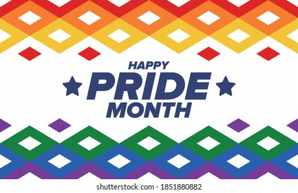 LGBT Pride Month in June. Lesbian Gay Bisexual Transgender. Celebrated annual. LGBT flag. Rainbow love concept. Human rights and tolerance. Poster, card, banner and background. Vector illustration