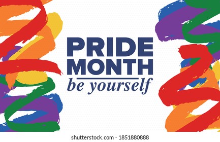 LGBT Pride Month in June. Lesbian Gay Bisexual Transgender. Celebrated annual. LGBT flag. Rainbow love concept. Human rights and tolerance. Poster, card, banner and background. Vector illustration