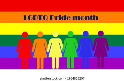 LGBT Pride Month in June. Lesbian Gay Bisexual Transgender. Celebrated annual. LGBT flag. Rainbow love concept. Human rights and tolerance. Poster, card, banner and background. Vector illustration