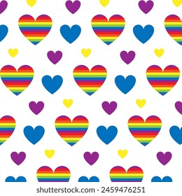 LGBT Pride Month in June. Lesbians, gays, bisexuals, transsexuals. LGBT flag. Rainbow love concept. Human rights and tolerance. Poster, card, banner, background. Vector illustration, seamless pattern.