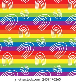 LGBT Pride Month in June. Lesbians, gays, bisexuals, transsexuals. LGBT flag. Rainbow love concept. Human rights and tolerance. Poster, card, banner, background. Vector illustration, seamless pattern.