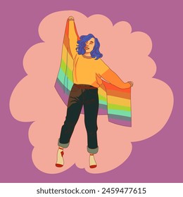 LGBT Pride Month in June. Lesbians, gays, bisexuals, transsexuals. Rainbow love concept. Human rights and tolerance. Poster, card, banner and background. Vector illustration of a girl and LGBT flag.