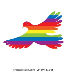 LGBT Pride Month in June. Lesbians, gays, bisexuals, transsexuals. LGBT flag. Rainbow love concept. Human rights and tolerance. Poster, postcard, banner, icon. Bird illustration on white.