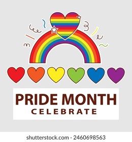 LGBT Pride Month in June. Lesbians, gays, bisexuals, transsexuals. LGBT flag. Rainbow love concept. Human rights and tolerance. Poster, card, banner, badge. Cartoon vector illustration of LGBT holiday