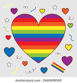 LGBT Pride Month in June. Lesbians, gays, bisexuals, transsexuals. LGBT flag. Rainbow love concept. Human rights and tolerance. Poster, card, banner, badge. Cartoon vector illustration of LGBT holiday