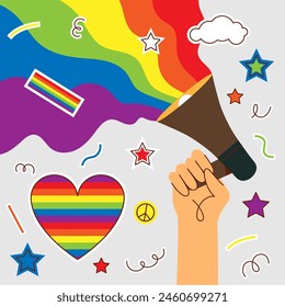 LGBT Pride Month in June. Lesbians, gays, bisexuals, transsexuals. LGBT flag. Rainbow love concept. Human rights and tolerance. Poster, card, banner, badge. Illustration of a hand with a megaphone.