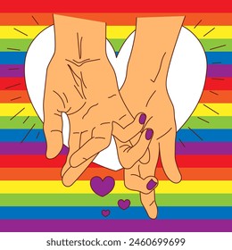 Mes del Orgullo LGBT en junio. Lesbianas, gays, bisexuales, transexuales. Bandera y corazón LGBT. Concepto de amor del arco iris. Derechos humanos y tolerancia. Cartel, tarjeta, Anuncio, placa. Los amantes se dan la mano.