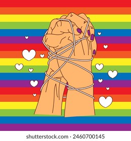 LGBT Pride Month in June. Lesbians, gays, bisexuals, transsexuals. LGBT flag and heart. Rainbow love concept. Human rights and tolerance. Poster, postcard, banner. Lovers hold hands tied with a thread