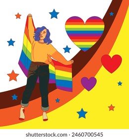 LGBT Pride Month in June. Lesbians, gays, bisexuals, transsexuals. LGBT flag and heart. Rainbow love concept. Human rights and tolerance. Poster, postcard, banner. Girl with a festive LGBT flag.