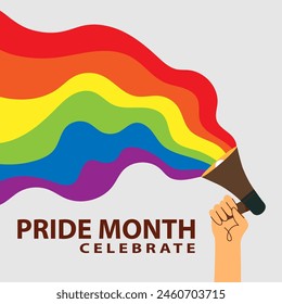 LGBT Pride Month in June. Lesbians, gays, bisexuals, transsexuals. LGBT flag. Rainbow love concept. Human rights and tolerance. Poster, card, banner, badge. Illustration of a hand with a megaphone.