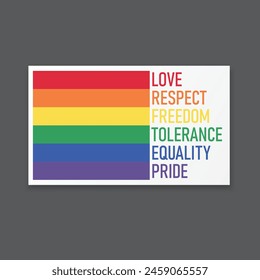 LGBT Pride Month in June. Rainbow flags with text love, freedom, equality, tolerance and respect. Lesbian Gay Bisexual Transgender. Element for social posts, banner, and poster. Vector Illustration.