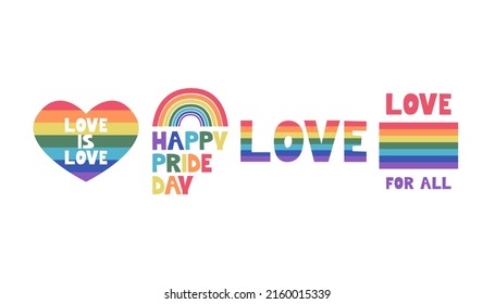 LGBT Pride Month in June. A set with a heart, a flag, a rainbow and inscriptions. Love is love concept. Vector image for posters, postcards.