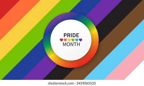 LGBT Pride Month in June. Pride text inside a circle with rainbow circles. Symbol of pride month. Lesbian Gay Bisexual Transgender. Element for Social post, banner and poster. Vector Illustration.