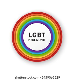 LGBT Pride Month in June. Pride text inside a circle with rainbow circles. Symbol of pride month. Lesbian Gay Bisexual Transgender. Element for Social post, banner and poster. Vector Illustration.