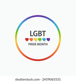 LGBT Pride Month in June. Pride text inside a circle with rainbow hearts. Symbol of pride month. Lesbian Gay Bisexual Transgender. Element for Social post, banner and poster. Vector Illustration.