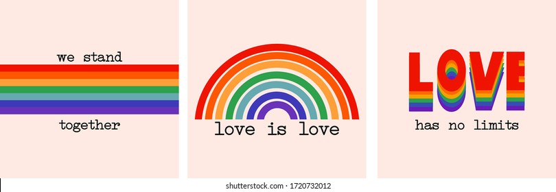 LGBT Pride Month In June.Set Of Three Vector Illustration LGBT Flag,rainbow. Love Is Love Concept.Poster, Card, Banner.