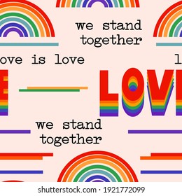 LGBT Pride Month in June.Seamless pattern LGBT flag,rainbow. Love is love concept.Poster, card, banner.