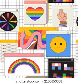 Lgbt pride month or lgbtq social issues event creative background seamless pattern for banner, print, poster, placard, social media advertisement, invitation, greeting or website in trendy 90s style.