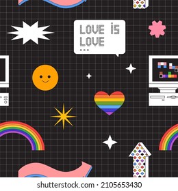 Lgbt pride month or lgbtq social issues event creative background seamless pattern for banner, print, poster, placard, social media advertisement, invitation, greeting or website in trendy 90s style.