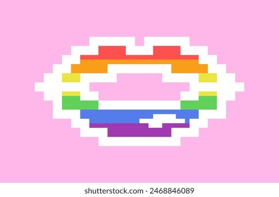LGBT Pride Month. Lips. Rainbow colors. LGBTQ+ flag. Pixel art. Vector illustration