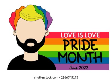 LGBT Pride Month. Love Is Love. Gay Man With Beard And Rainbow Hair And Flag LGBT Flag In Rainbow Colors. LGBTQ Symbol. Vector Illustration. Gay Parade Groovy Celebration. Human Rights And Tolerance