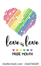 LGBT Pride Month. love is love. LGBTQ Symbol rainbow heart. LGBT pride Flag or Rainbow colors. Vector illustration. Gay Pride Month, groovy celebration. design sign isolated on white background