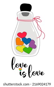 LGBT Pride Month. love is love. LGBTQ Symbol. Glass bottle with rainbow hearts. Rainbow colors of LGBT pride flag. Human rights and tolerance. Vector illustration. Love rainbow hearts.