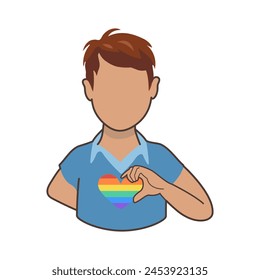 LGBT pride month. Multicultural man showing support for lgbt community. Flat illustration in Groovy 70s style. Pride month celebration against violence, discrimination.