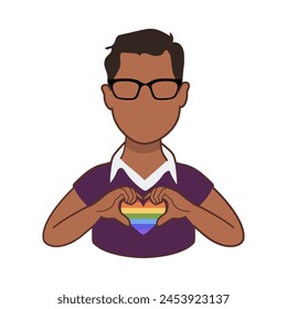 LGBT pride month. Multicultural man showing support for lgbt community. Flat illustration in Groovy 70s style. Pride month celebration against violence, discrimination.