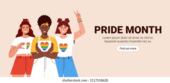 Mes del orgullo LGBT. Mujeres multiculturales mostrando su apoyo a la comunidad lgbt. Juventud Lgbt multicultural.  Celebración del mes del Orgullo contra la violencia, la discriminación, los derechos humanos. Página de aterrizaje