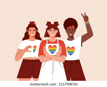 LGBT pride month. Multicultural women showing support for lgbt community. Multicultural Lgbt youth.  Pride month celebration against violence, discrimination, human rights.Banner. Landing page