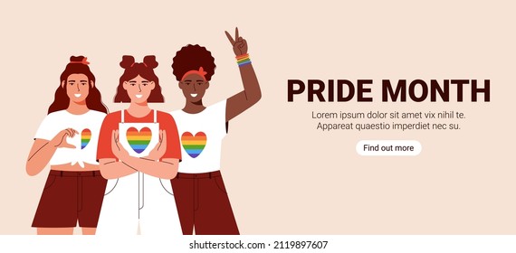 LGBT pride month. Multicultural women showing support for lgbt community. Multicultural Lgbt youth.  Pride month celebration against violence, discrimination, human rights.Banner. Landing page