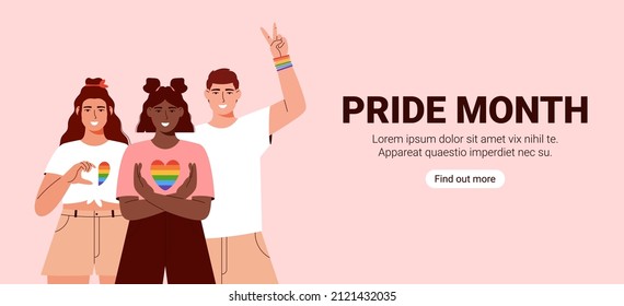 LGBT pride month. Multicultural women showing support for lgbt community. Multicultural Lgbt youth.  Pride month celebration against violence, discrimination, human rights.Banner. Landing page