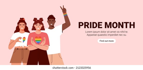 LGBT pride month. Multicultural women showing support for lgbt community. Multicultural Lgbt youth.  Pride month celebration against violence, discrimination, human rights.Banner. Landing page