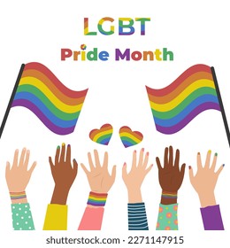 LGBT Pride Month Multiracial hands with hearts. The colors of the rainbow are symbols of LGBT.
