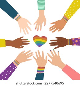 LGBT Pride Month Multiracial hands with hearts, Multiracial hands in a circle.
Vector illustration