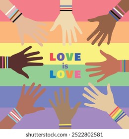 LGBT Pride Month Multiracial hands. Multiracial hands in a circle. Vector illustration. Different flags.