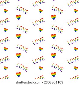 LGBT Pride Month. Pattern with hearts and the word love in rainbow color. Vector.