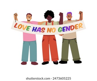 LGBT pride month. People hold a poster with the text Love has no gender. Human rights with LGBT rainbow. Concept of acceptance and tolerance. Against discrimination. Vector illustration isolated on