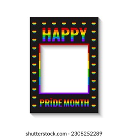 LGBT pride month photo booth frame isolated on white. Rainbow photobooth props. LGBTQIA community party decorations. Vector template. 