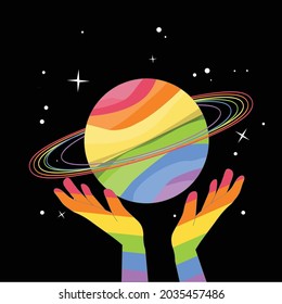 LGBT Pride Month rainbow color Vector illustration Poster card banner and background. Cute Saturn Vector illustration of Lesbian gay bisexual transgender concept isolated on black background