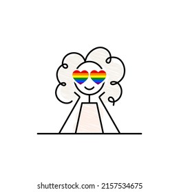 LGBT Pride Month, the rainbow flag heart shape eyes, cute curly little girl holding colorful hearts, in love simple doodle vector illustration, black line